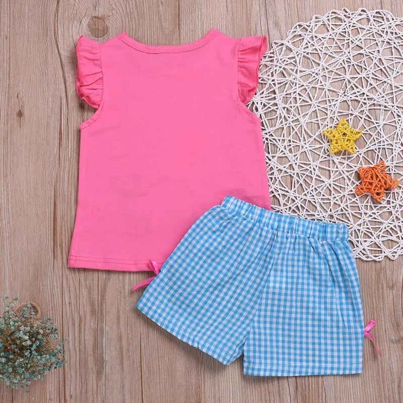 Baby Girls Casual Summer Sets Clothes Whale Print Short Sleeve T-shirt Tops+Plaid Shorts 2Pcs Outfits Cotton Girl Sets