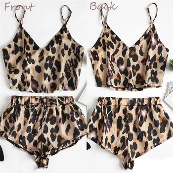 

New 2pcs Women Sexy Spaghetti Strap Tank Shorts Leopard Print Lace Sleepwear Babydoll Nightwear Pajamas Set