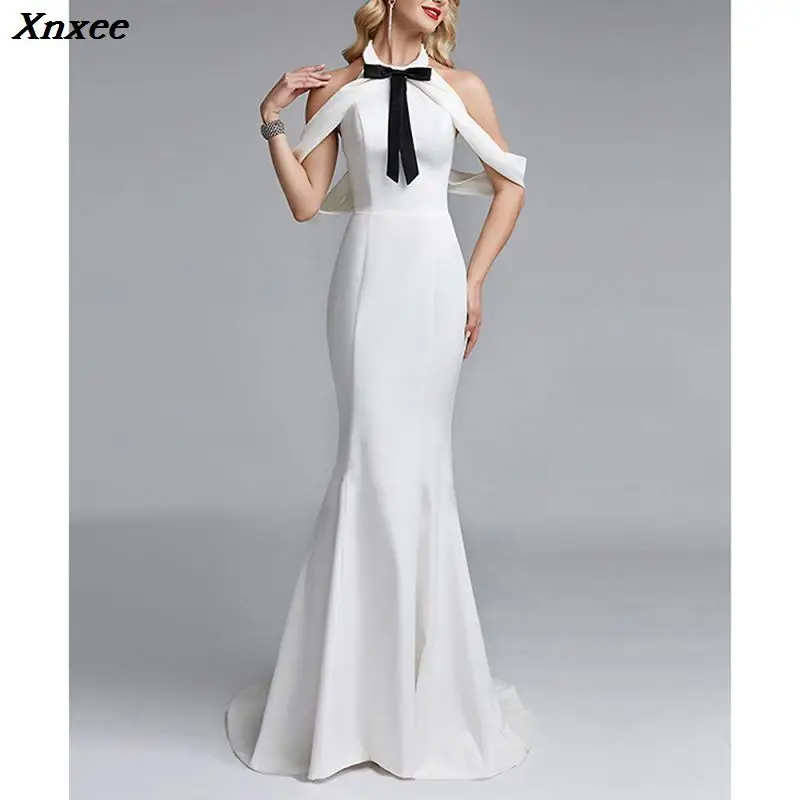 

Elegant White Women Long Dress Office Lady Formal Evening Party Dresses Bow Backless Ceremony Female Summer Spring vestido longo