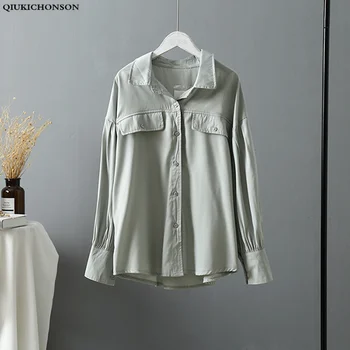 

Qiukichonson Low High Design Korean Fashion Shirt Women Spring Summer Fake Double Pockets Design Ladies Long Sleeve Blouse