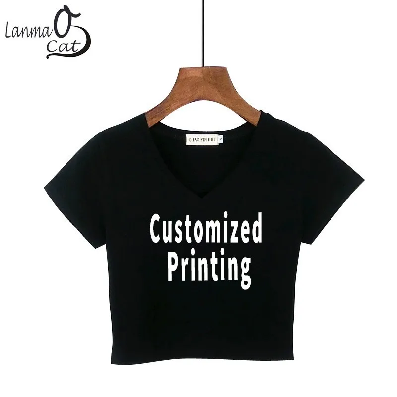 

Lanmaocat Cotton V Neck Shirts Blank Crop Top Tee Shirts Femme Custom DIY Letters Logo Print High Waist Shirts Free Shipping