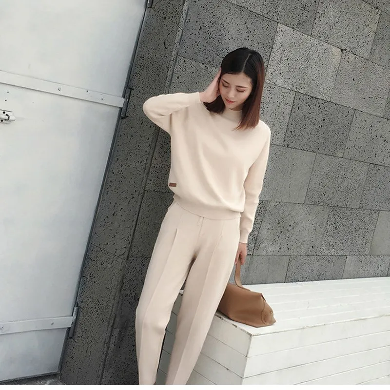 Cashmere Cotton Wool Blend Thick Knit Women Fashion Sweatshirts Tracksuit Pullover And Pants 2 Piece Set