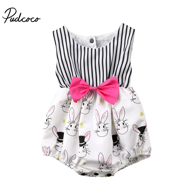 

Newborn Infant Baby Girls Cute Bunny Bowknot Button Sleeveless Striped Bodysuit Jumpsuit Sunsuit Fashion Casual Outfit Clothes