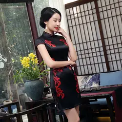 Женские Восточный шелк платье Qi Pao черный низ красный принт сексуальная Грация Китайский традиционный Чонсам Платье разрез Атлас Qipao Лидер