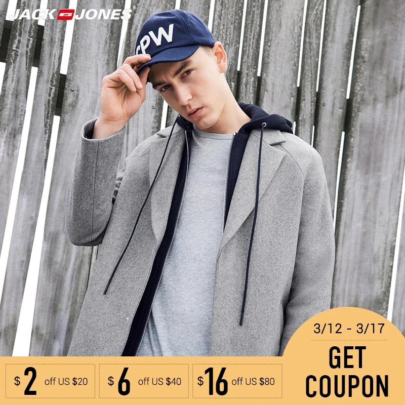 Jack&Jones Бренд 2018 Новинка  мужское пальто шерстяное шерсти 77% свободный фасон с капюшоном мужский кардиган 217327502