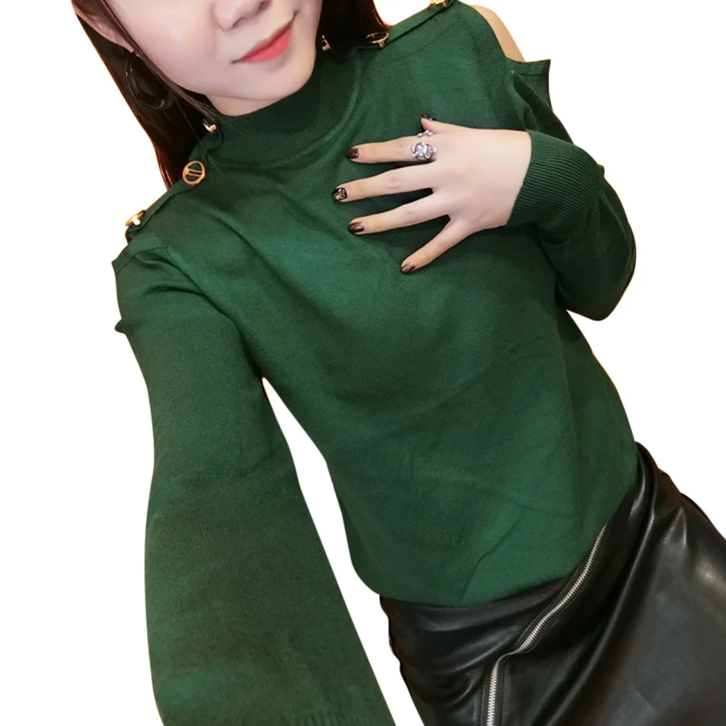 

Spring Cold Shoulder Solid Sweater Tops Women Autumn Knitted Jumpers Sweater Long Sleeve Button Turtleneck Pullovers Pull Femme
