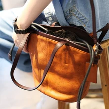 Genuine Leather Women bag vegetable Tanned bucket bag retro female handmade leather handbags small Totes Messenger bag Vintage hand made new vintage genuine leather handbag women burgundy red handbags messenger bags lady vegetable tanned leather solid bag