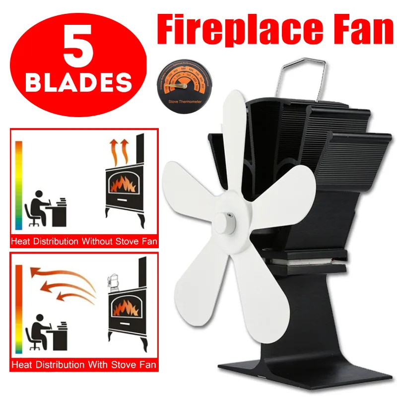 

5 Blade Heat Powered Stove Fan With Thermometer Efficient Heat Distribution Log Wood Burner Eco Quiet Home Fireplace Fan