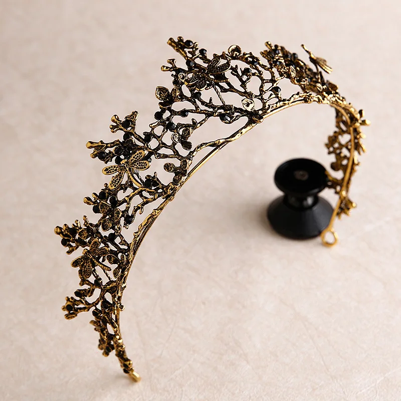 

New Pattern Retro Baroque Crown Fashion Bronze Branch Dragonfly Shaped Black Rhinestone Crown Bridal Headwear Princess Tiaras