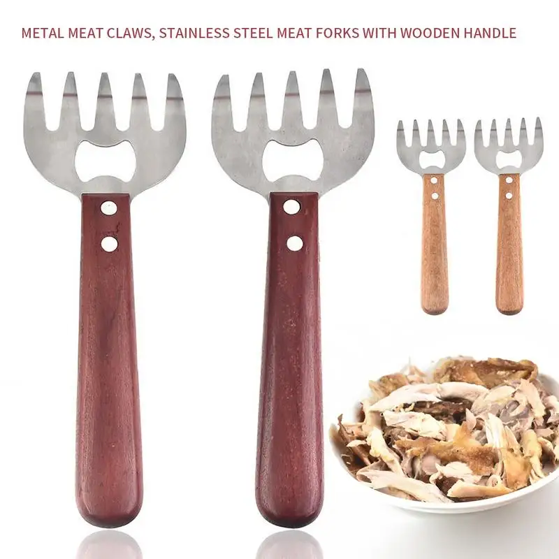 2PCS Metal Meat Claws Stainless Steel Meat Forks With Wooden Handle