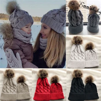 

Women Baby Kid Warm Winter Knit Wool Beanie Fur Pom Bobble Hat Crochet Cap Hot New Cap Mom Baby Hat Winter Warm Knit Hat Caps