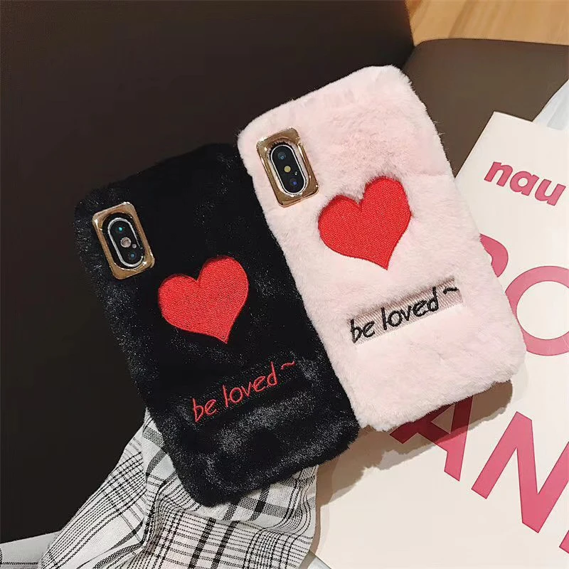 Plush Mobile Phone Case For IphoneX XR Xs MAX Fashion Love Embroidery Fur 6 7 8plus Soft Shellphone | Мобильные телефоны и