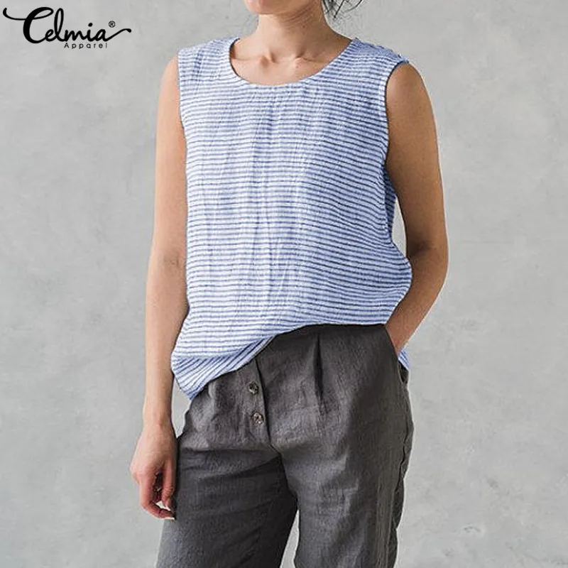 

Celmia 2019 Summer Vest Women Vintage Linen Striped Blouses Sleeveless Tank Tops Casual Loose Camisa Plus Size Shirts Ladies Top