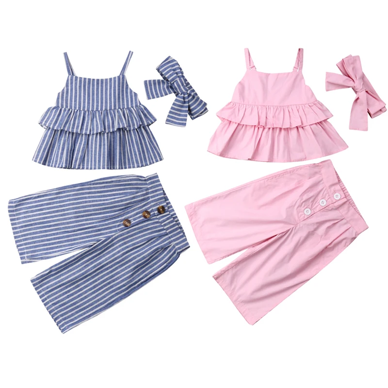 

2019 New Summer Holiday Infant Baby Girls Boho Clothes 3PCS Sets Striped Sleeveless Vest Tops+Wide Leg Pants+Headband 2 Colors