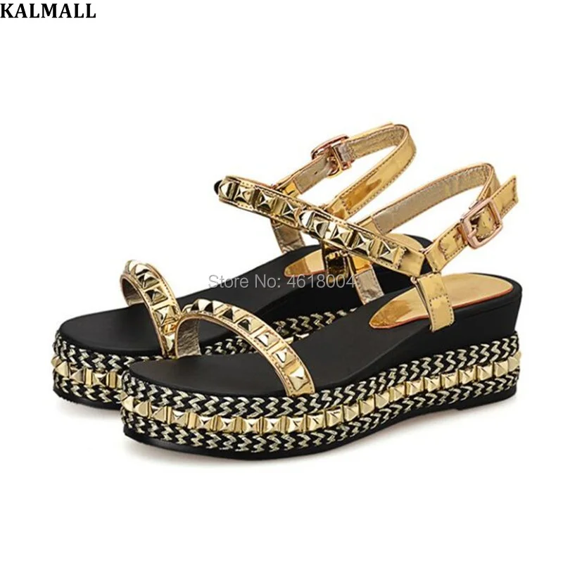KALMALL Party Shoes Women Platform Sandals Rivets Studded Thick Wedge Heels Buckle Strap Spike Gladiator Casual Sandalias Mujer | Обувь