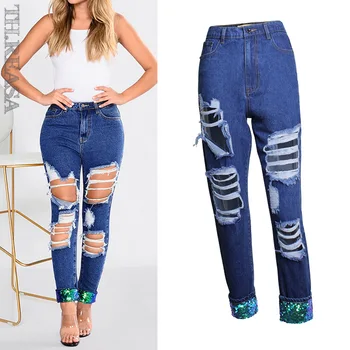 

Plus Size Distressed Ripped Boyfriend Jeans For Women High Waisted Destroyed Jeans Sequin Straight Broken Knee Hole Ankle Denim