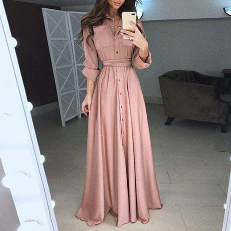 

Charming Women Evening Formal Party long Dress Linen buttons decor plain color A-line dresses vestido black/red/pink/white/blue