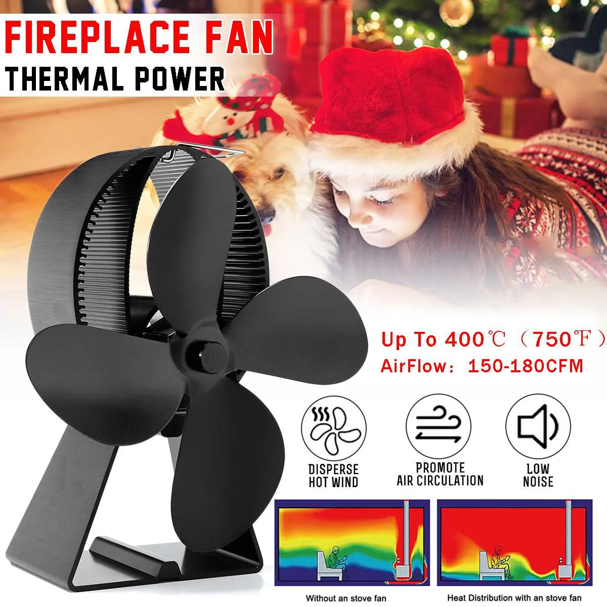 

Fireplace Fan Heat Powered Wood Stove 4 Blade Top Log Burner Ultra-Silent Ecofan Anodizing Aluminum 150-180 CFM 10.5x7x20cm
