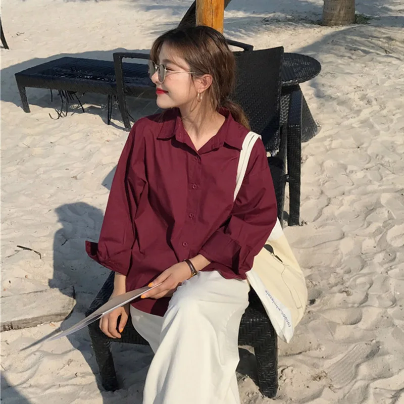 

2019 new spring solid khaki red Cotton and linen Women Blouse Shirt Turn-down Collar Long Sleeve Blouse Casual Loose Tops Female