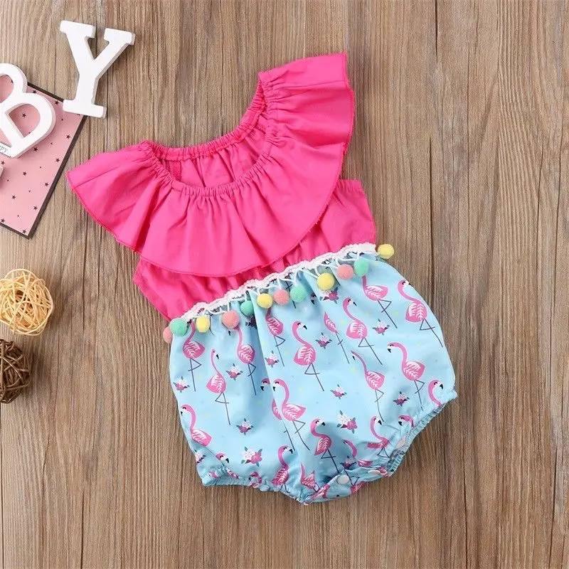 Бренд для новорожденных девочек Лето Фламинго кисточки короткий рукав Модный комбинезон 0-24 м детская одежда
