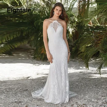 

Eightale Mermaid Wedding Dress 2019 Halter Appliques Sexy Romatic Boho Bride Dress Lace Beach Wedding Gowns Free Shipping