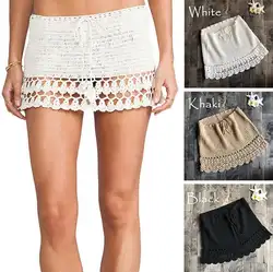 2019 новые летние мини юбка вязаный крючком заниженной талией карандаш мини выдалбливают Белый цвет хлопок пляжные юбки