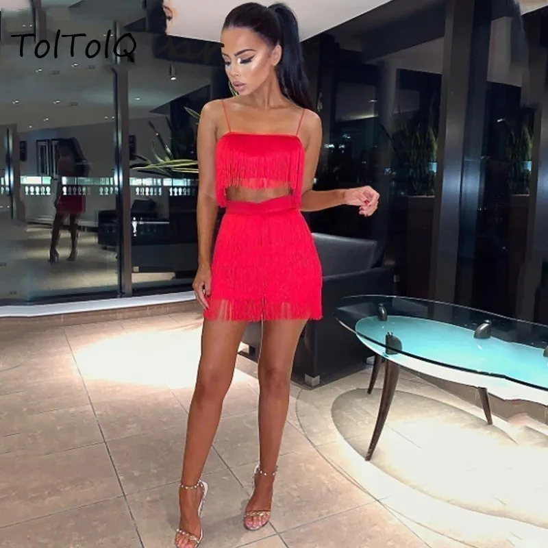 

2109 Sexy Dresses Women Tassel Spaghetti Strap Solid Two Piece Dress Ladies White Balck Elegant Mini Fringe Dresses Vestidos