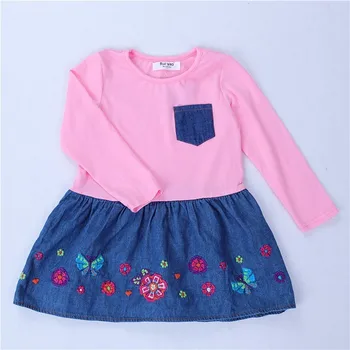

long sleeve Dresses for girl's clothing pink embroidery flower toddler baby frock cuts kids dresses for children holiday