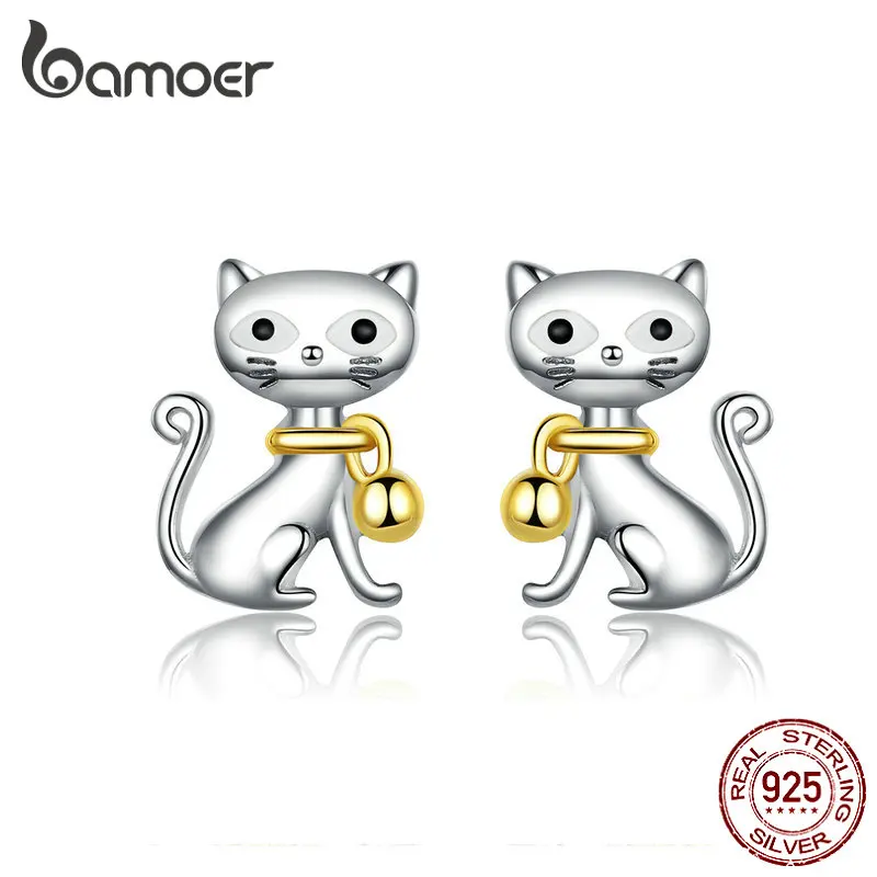 

BAMOER Real 925 Sterling Silver Stud Earrings Kitty Cat with Bell Ear Studs Pet Cat Fine Jewelry 2019 Mode Brincos GAE112