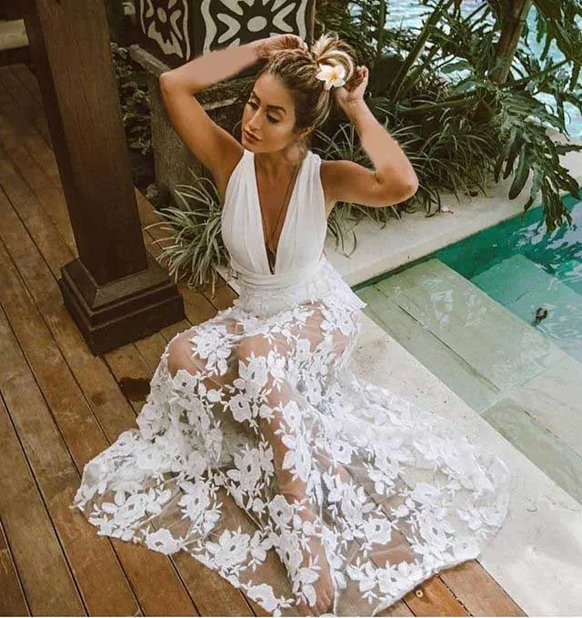 

Summer Women Hollow Out Floral Mesh Dress Backless V Neck Maxi Boho Dress Elegant Sexy White Long Dress