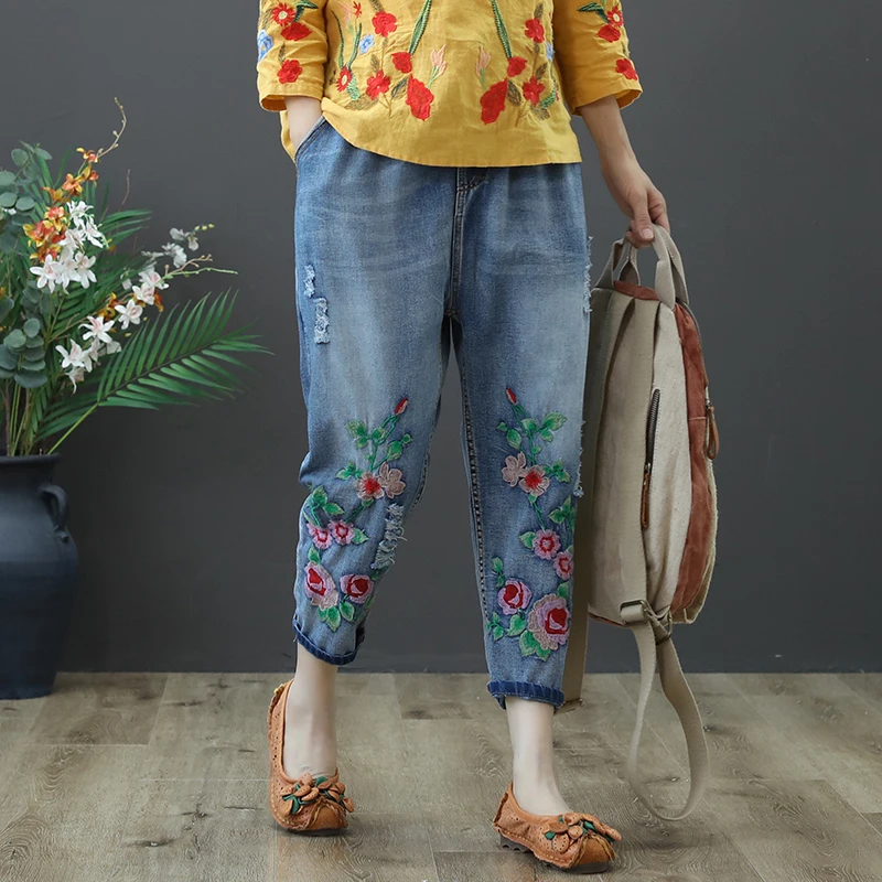 

Spring Jeans For Women Elastic Waist Harem Jeans Woman Blue Vintage Floral EmbroideryCalf-Length Denim Pants
