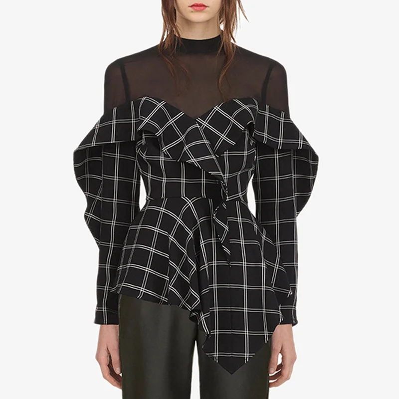 

[MENKAY] 2019 Summer Sheer Mesh Spliced Chiffon Shirt Long Sleeve Ruffle Womens Blouse Tops Korean Fashion Clothing Streetwear
