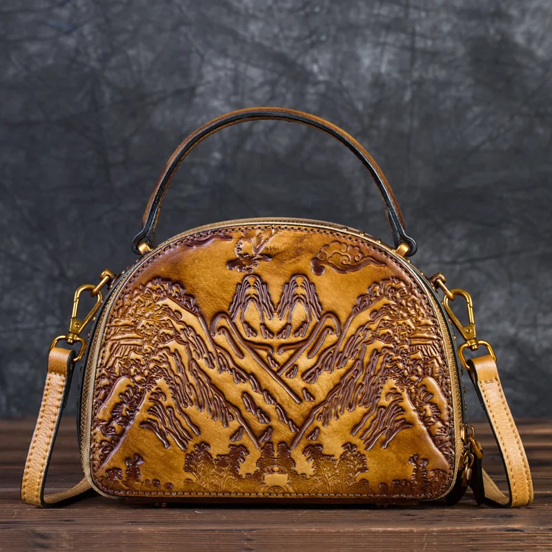 

Genuine Leather Women Bag Tote Retro Embossed Handbag Landscape Painting Female Messenger Shoulder Top Handle Cross Body Bags