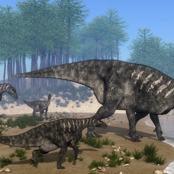 Iguanodon dinosaurs herd at the shoreline - 3D render Poster Print (18 x 10) | Дом и сад