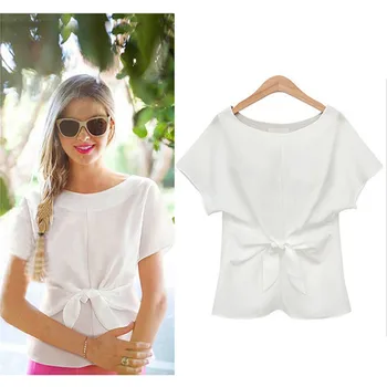 

Trendy Women Lady Loose Short Sleeve Casual Shirts round neck pullover bow solid Chiffon Blouse one pieces
