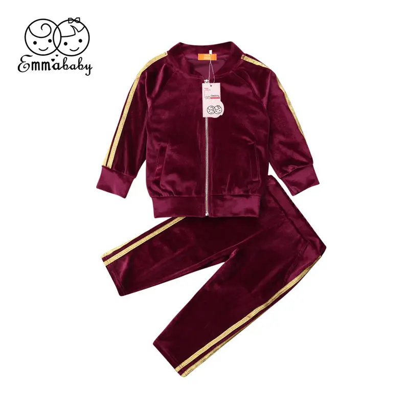 

2019 Toddler Baby Girl Clothes Set Kid Velvet Outfit Zipper Top Long Pants Tracksuit Sportswear Summer Children Clothing Set