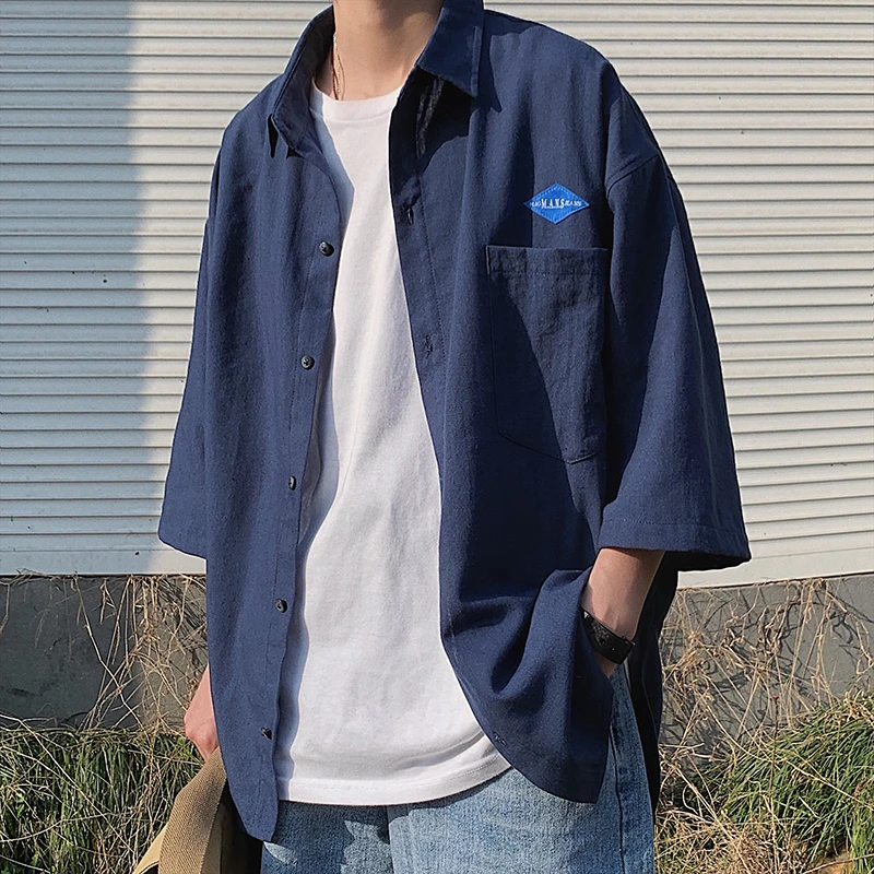 

Men's shirt 2019 spring new lapel slim long sleeve seven sleeve solid color loose personality youth casual men's wear