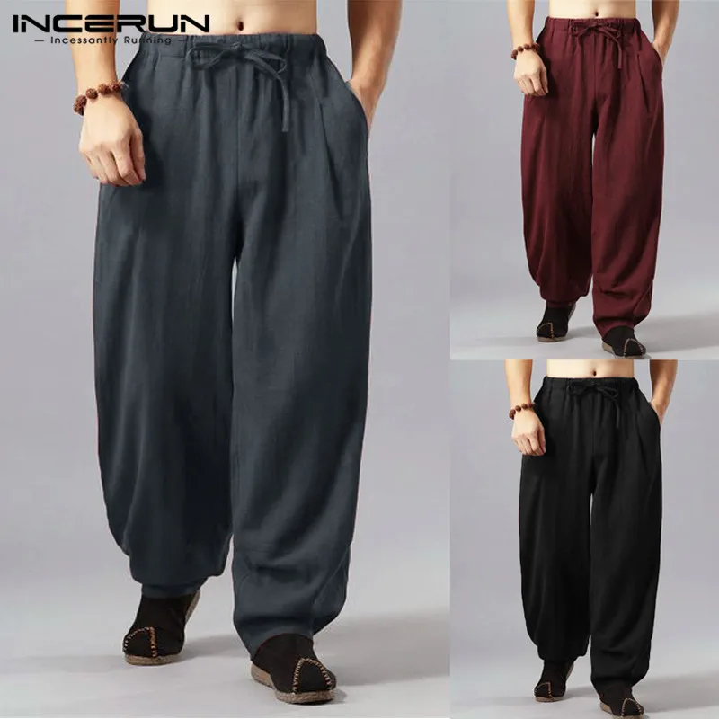 

Fashion Retro Harem Wide Leg Pant Men Casual Pants Cotton Baggy Loose Fitness Drawstring Bloomer Trouser Harajuku Dance Jogger