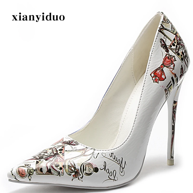 

2019 Spring Patent Leather Women's print shoes ultra high heels thin Pumps Pointed Toe Sexy Shallow party big size 34-45/a438