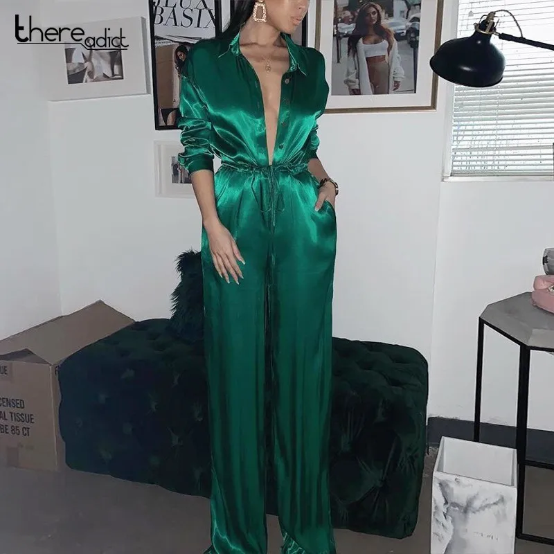 

2019 Regular Lace Up Button Closure Office Lady Jumpsuit Solid Silks Comfortable Casual Overalls Pockets Summer Jumpsuit Rompers