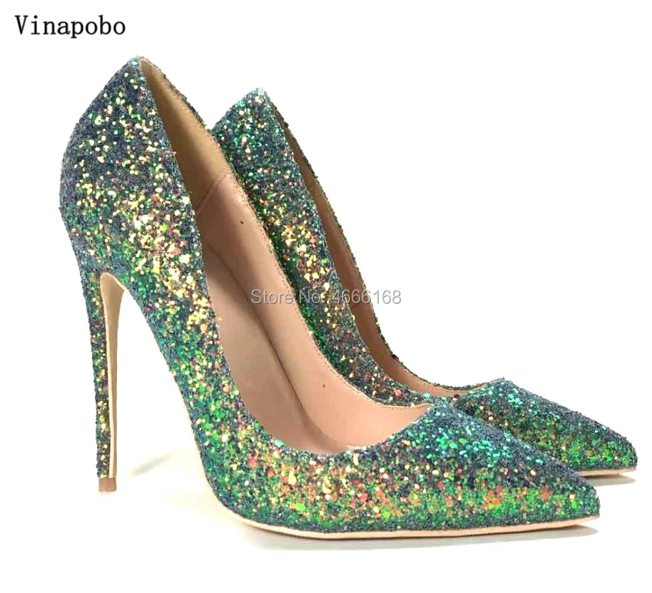 

Vinapobo Sexy green Sequined Women Pumps Bling High Heels Shoes Women Stilettos Glitter Wedding Party Shoes green euro Size 43