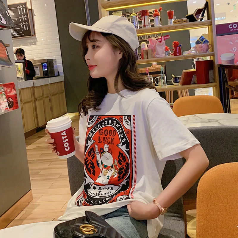 

2019 Spring Summer Lucky Cat Print T-shirt For Women Japanese Harajuku Graphic Tees Short Sleeve T-Shirt Vogue Fashion Clothes