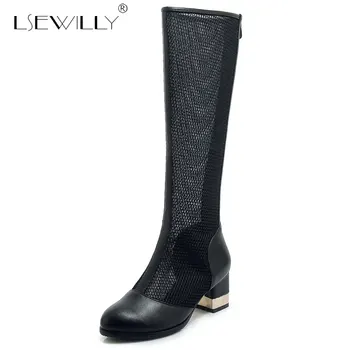 

Lsewilly 2019 new round toe boots women hollow out summer shoes zipper party shoes square heel hollow out knee high boots E550