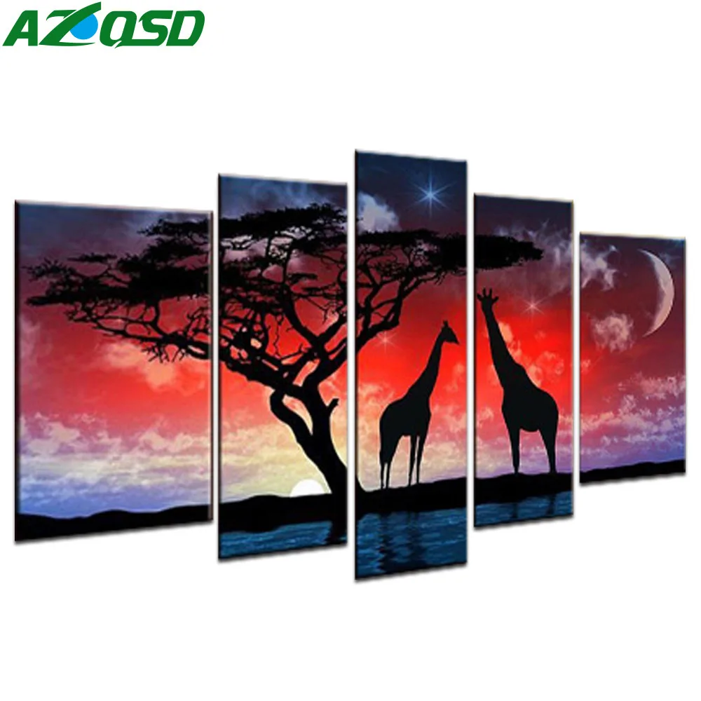 AZQSD Diamond Painting Animal Sunset Embroidery Sale Multi-picture Combination 5pcs/set Rhinestones Pictures Home Decor | Дом и сад