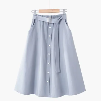 

PEONFLY 2019 Spring Summer Skirt Women With Belt Korean Fashion Knee Length High Waist Pleated A-line School Skirt Female
