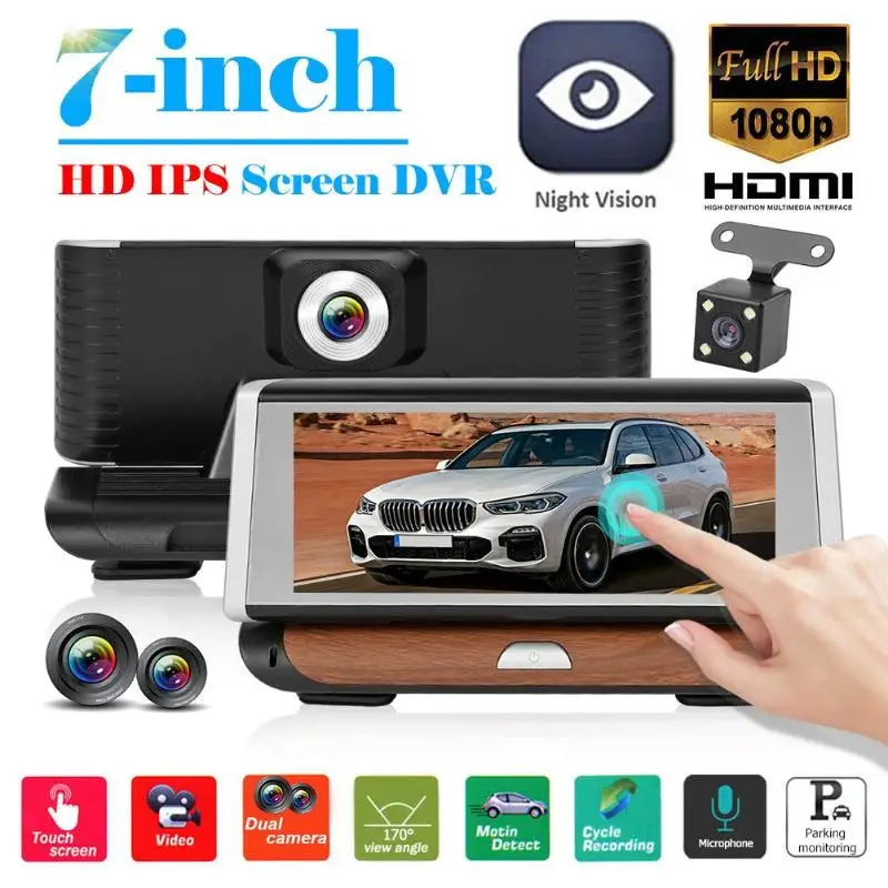 

7 inch Touch Screen Full HD 1080p Car DVR Camera Dual Lens Night Vision Dash Cam Video Recorder With Reversing View Parking Loop