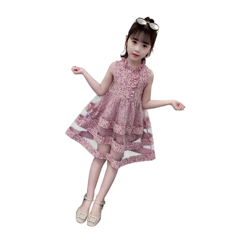 

sleeveless chiffon lace print ruffle dress age for 3 - 12 yrs little girls beach clothes 2019 new summer baby girl flower frocks
