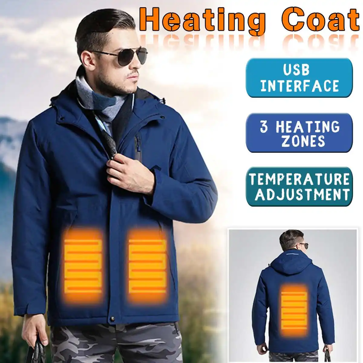 

Winter Warm Heating Jackets Men Smart Upgraded Polyester Waterproof Outdoor USB Infrared Thermostat Hooded Heating Jacket