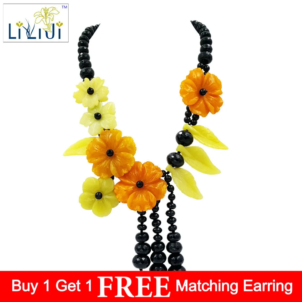 ^*Best Offers LiiJi Unique Natural Stone Black Agates Onyx,Korea Jades,Dye Orange color Jades Flowers Handmade Necklace ^*Best Offers LiiJi Unique Natural Stone Black Agates Onyx,Korea Jades,Dye Orange color Jades Flowers Handmade Necklace