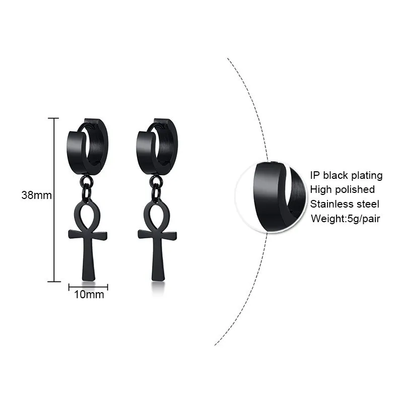 Винтажные египетские Ankh серьги с крестом для мужчин, ювелирные изделия черного, Серебряного и золотого цвета, из нержавеющей стали, египетские brincos masculinos